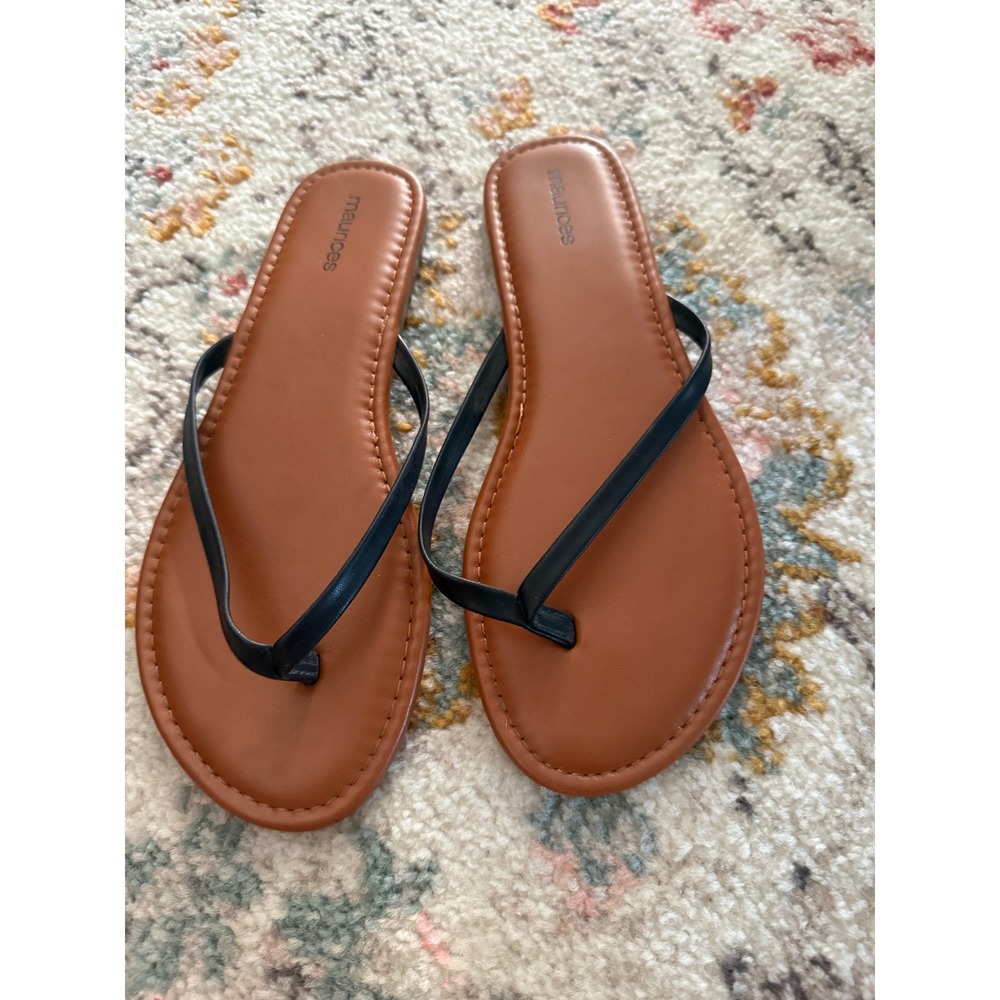 Maurices Ruby Toe‎ Thong Flip Flops Black Cognac Brown Flat Sandals Womens 8M